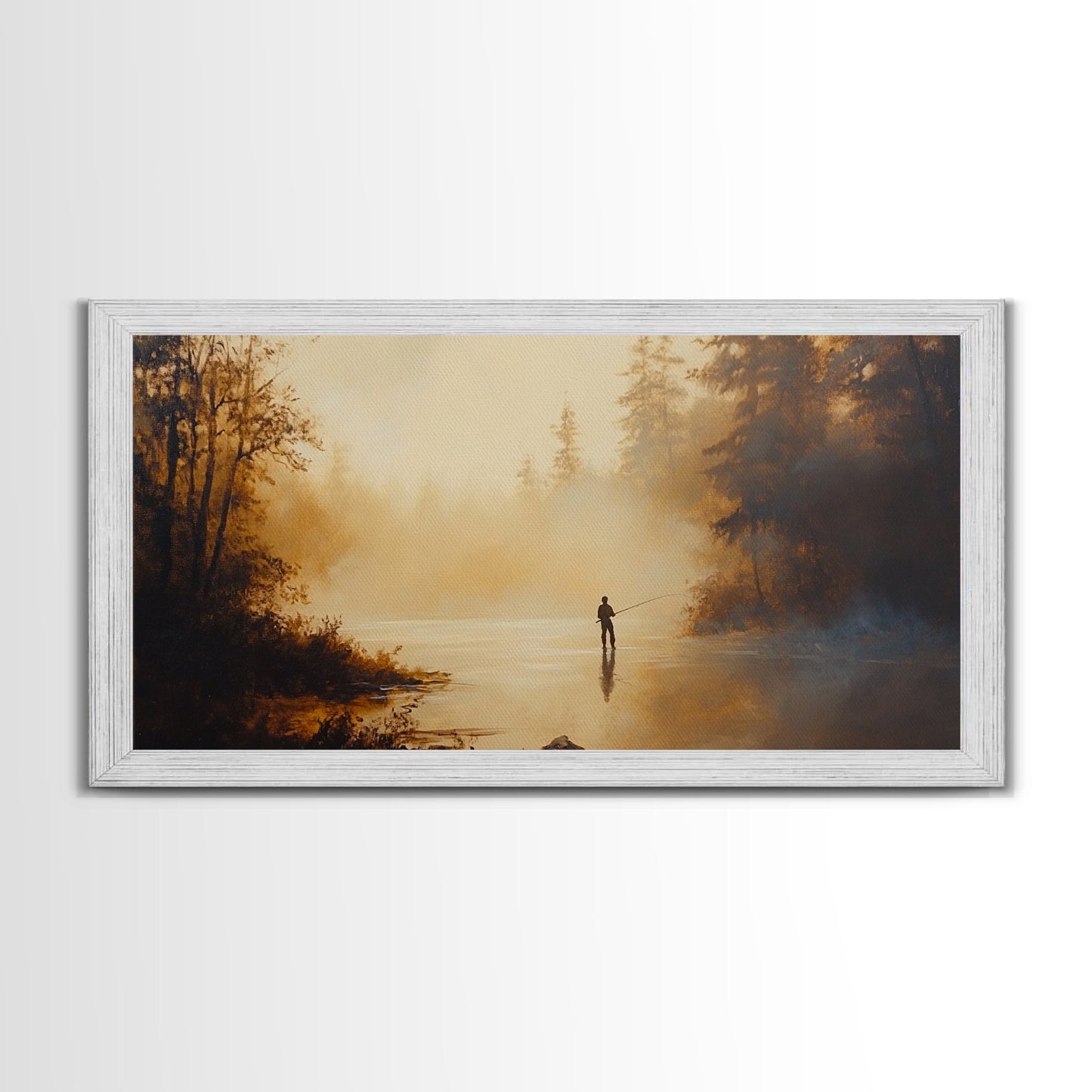 Retro Oil Painting Print of a Fly Fisher - Framed Canvas Print - Fishing Wall Art, Fisherman Painting, Fishing Gift, Gift for Fisher