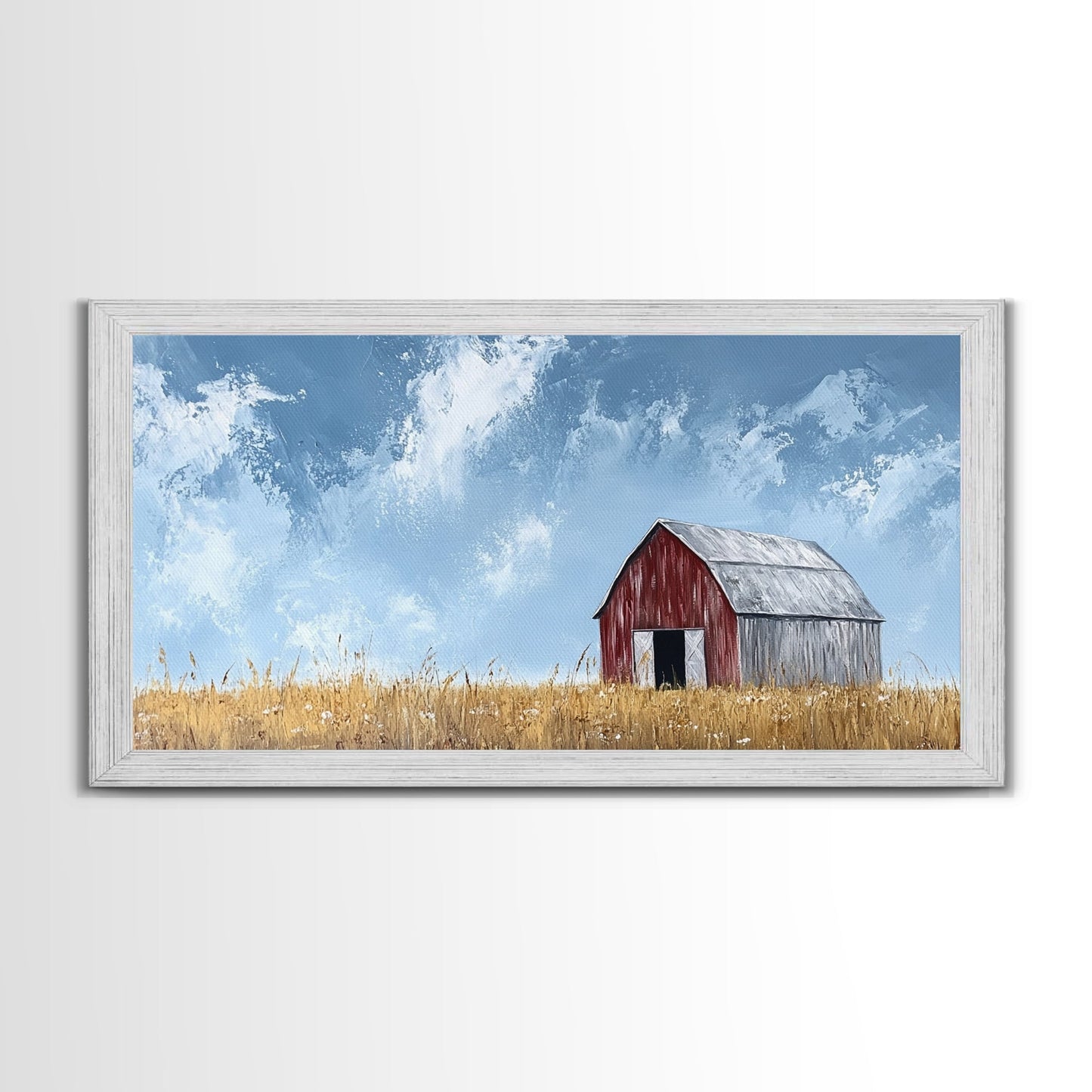 Old Building Farm In A Wheat Field, Framed Canvas Painting Print, Panoramic Rural Landscape Wall Art Rustic Barn Country Side Ready To Hang