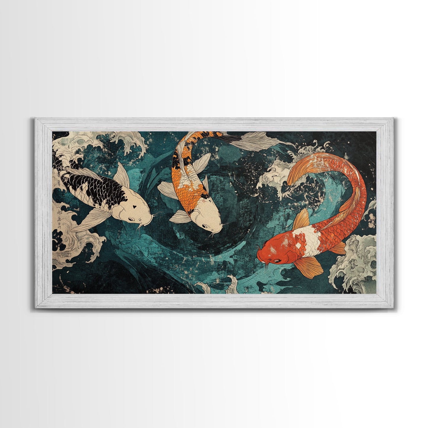 Large Oil Painting of Koi Fish Canvas Print, Vibrant Koi Fish Wabi Sabi Japanese Style Artwork, Minimalist Home Decor Living Room Wall Art