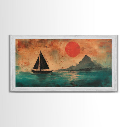 Wabi Sabi Wall Art, Japanese Sailboat Painting Print, Framed Canvas, Ocean Art, Beach House Decor, Bedroom Wall Art, Nautical Wall Art