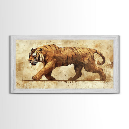 Tiger On The Hunt, Framed Canvas Print, Wabi Sabi Tiger Painting, Elegant Japanese Style Artwork