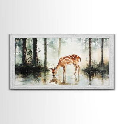 Rustic Farmhouse or Cabin Wall Art Painting of a Deer Drinking Water In The Forest, Minimalist Farmhouse Decor, Framed Canvas Print