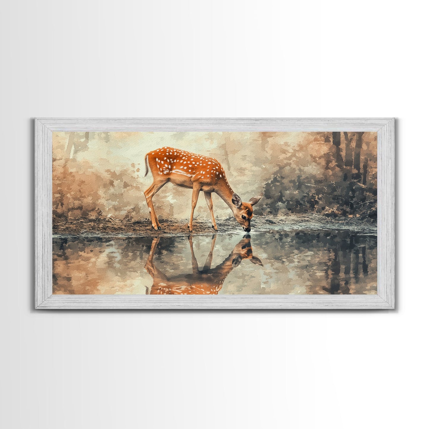 Reflection of a Deer Drinking Water - Framed Canvas Print - Cute Farmhouse Wall Art - Farmhouse Decor