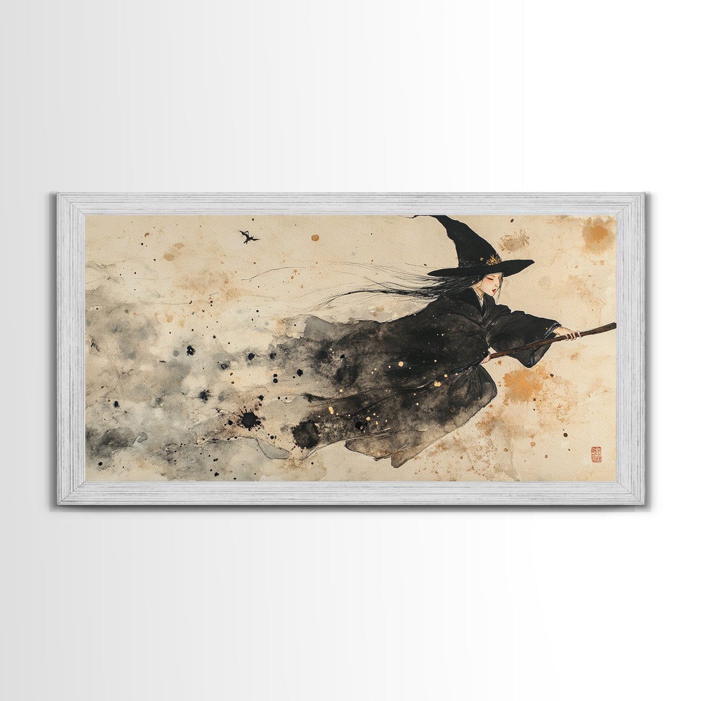 Wabi Sabi Witch Rides Her Broom - Framed Canvas Print - Witch Painting - Witchy Wall Art - Witch Decor