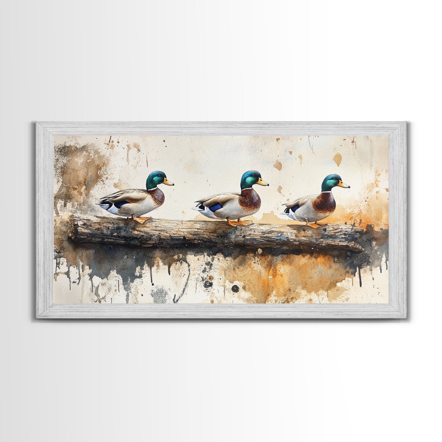 Rustic Duck Painting Canvas Print, 3 Ducks On A Log, Framed Canvas Nature Painting, Landscape Painting, Nature Art, Meadow Painting Cabin Art