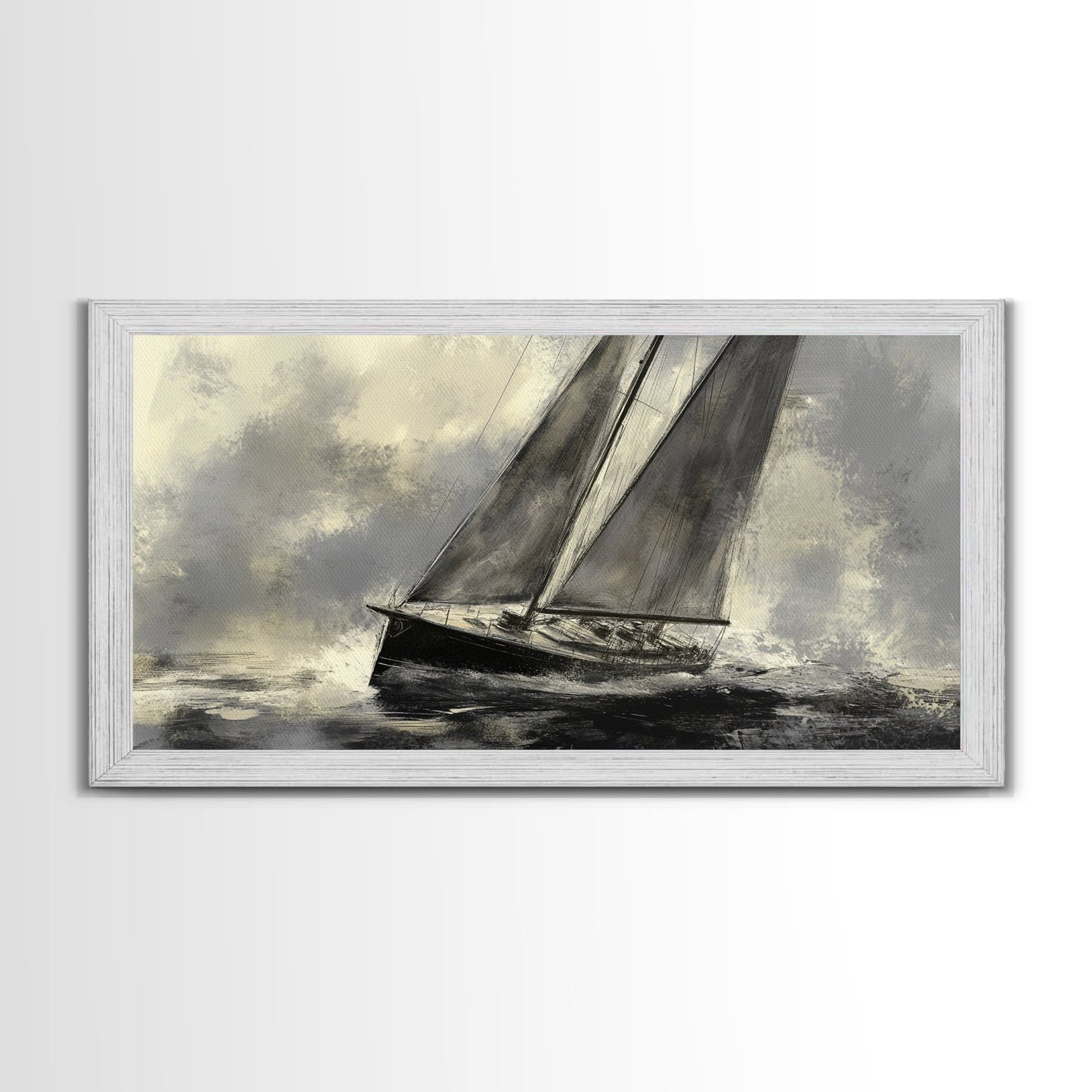 Black and White Charcoal Sketch Print of a Sailboat In a Storm, Framed Canvas Print, Nautical Wall Art, Nautical Home Decor