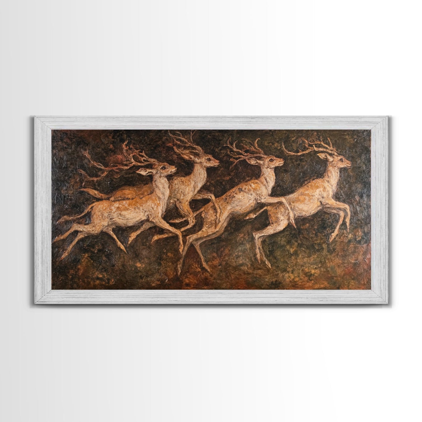 Deer In The Forest 19th Century Folk Art Style Canvas Print, Folk Art Oil Painting Print, Liminal Art, Abstract Painting Home Decor