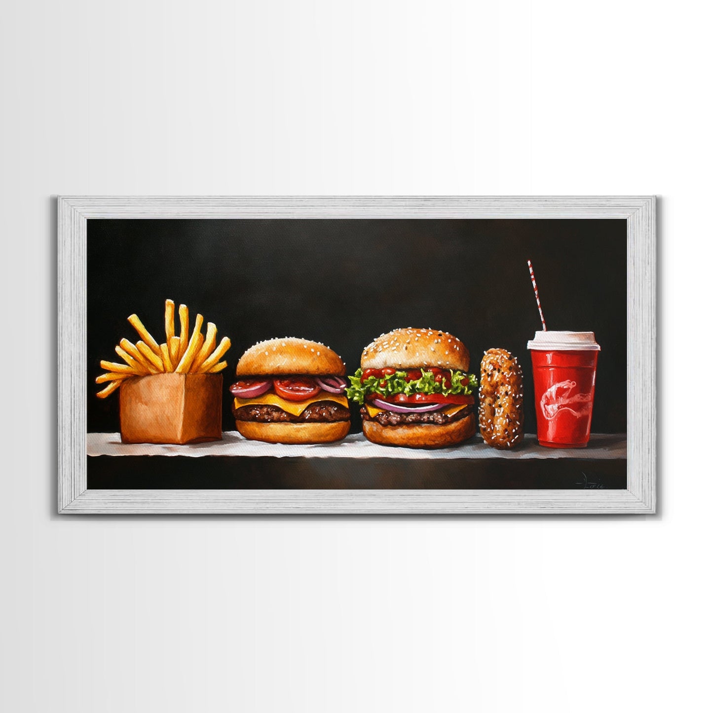 Burger and Fries Framed Canvas Print, Kitchen Canvas Art, Kitchen Wall Art, Burger Painting, Burger Art, Dining Room Wall Art