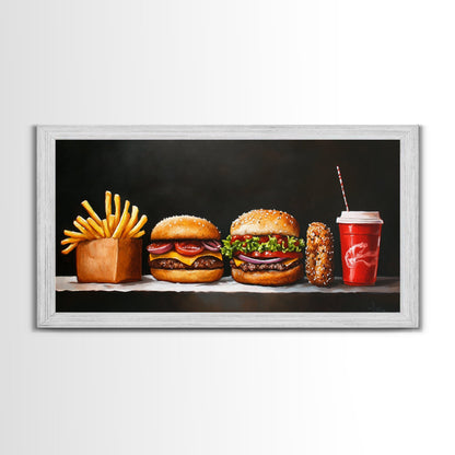 Burger and Fries Framed Canvas Print, Kitchen Canvas Art, Kitchen Wall Art, Burger Painting, Burger Art, Dining Room Wall Art