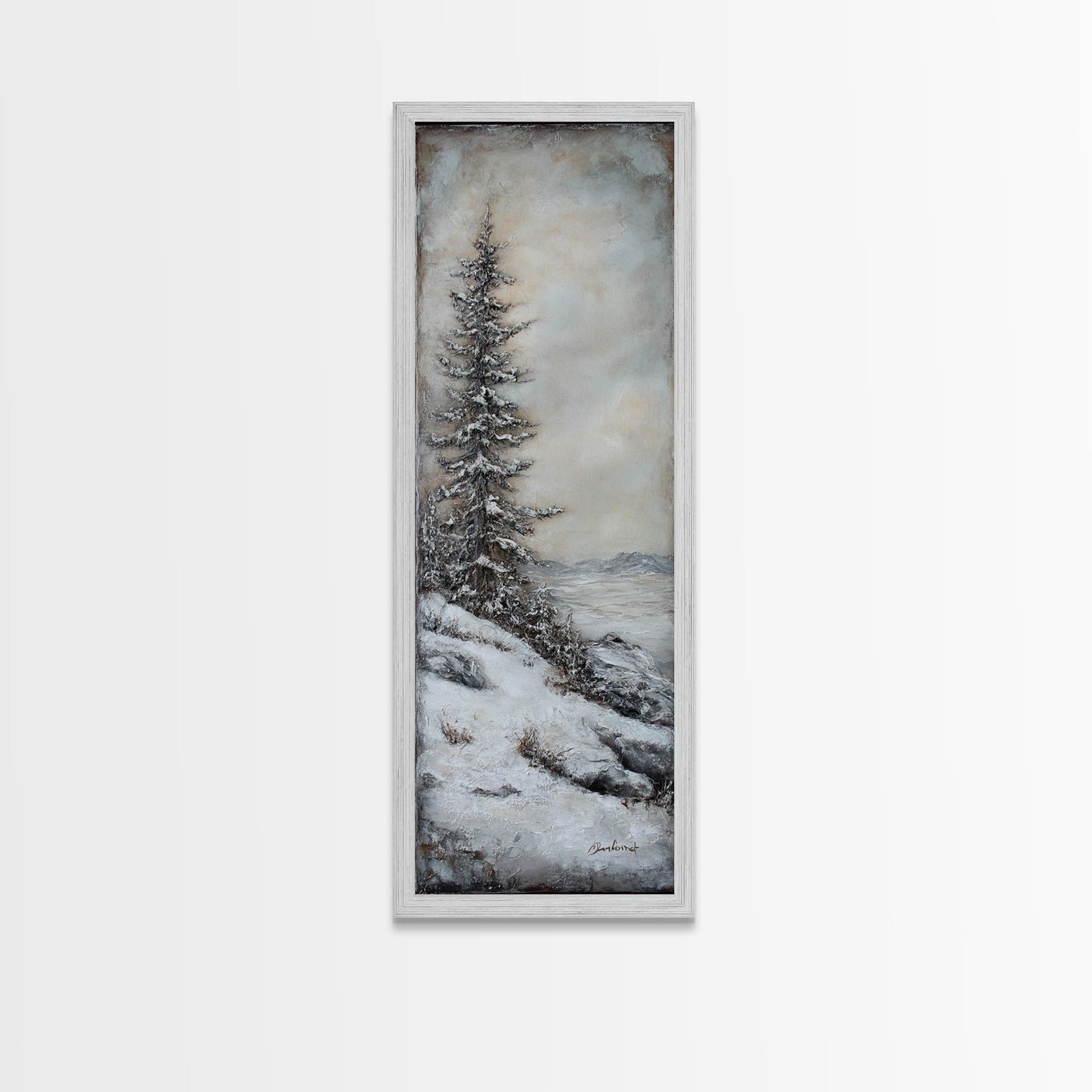 Framed Canvas Print Winter Pine Tree Art Rustic Landscape Wall Art Tall Narrow Art Cozy Cabin Decor Above Sofa Art