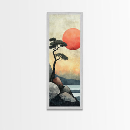 Japanese Landscape with Sunset Canvas Print, Red Sun Over Mountains, Minimalist Nature Art, Coastal Wall Art, Framed Canvas Print, Boho Decor