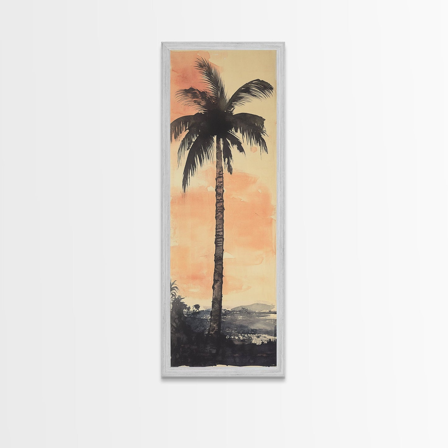 Framed Canvas Print Moody Palm Tree Painting Sunset Coastal Wall Art, Rustic Decor, Tropical Living Room Above Sofa Art, Bedroom Art Print