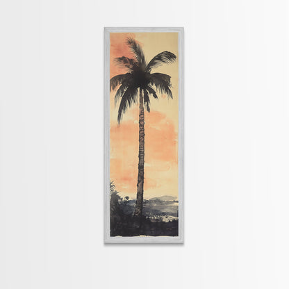 Framed Canvas Print Moody Palm Tree Painting Sunset Coastal Wall Art, Rustic Decor, Tropical Living Room Above Sofa Art, Bedroom Art Print