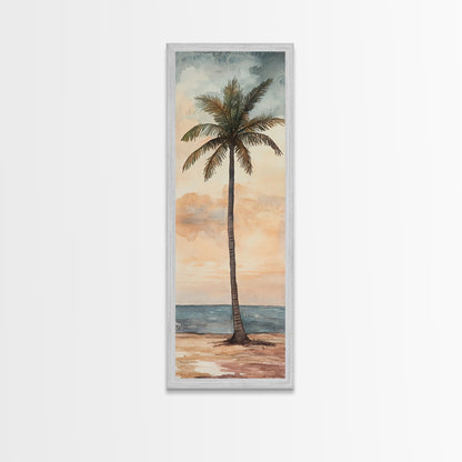 Framed Canvas Print Coastal Palm Tree Art, Sunset Beach Scene, Tropical Coastal Wall Art, Nautical Decor, Skinny Wall Art Gift Idea