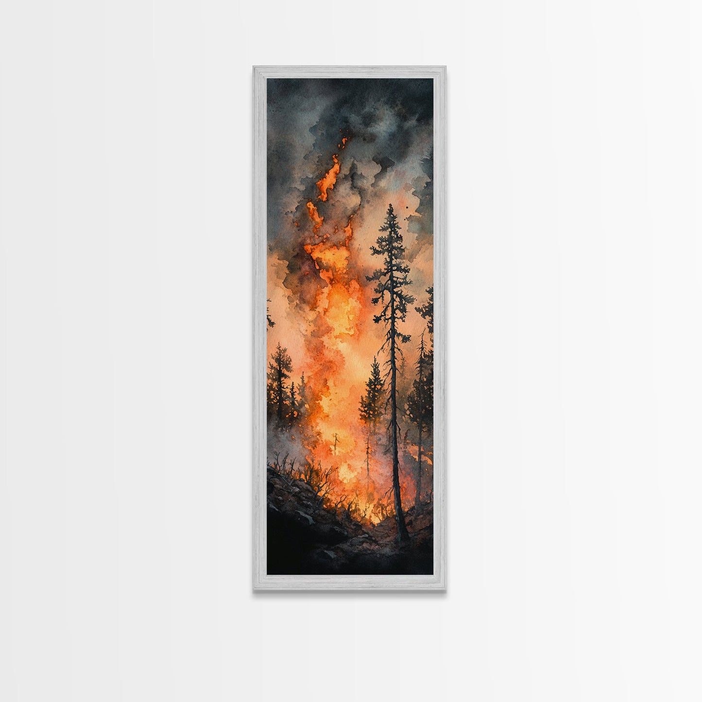 Fiery Forest Flames Canvas Print – Dark Moody Art, Forest Fire Scene, Dramatic Wall Art, Wabi Sabi Wall Art, Above Bed Decor, Rustic Wall Art