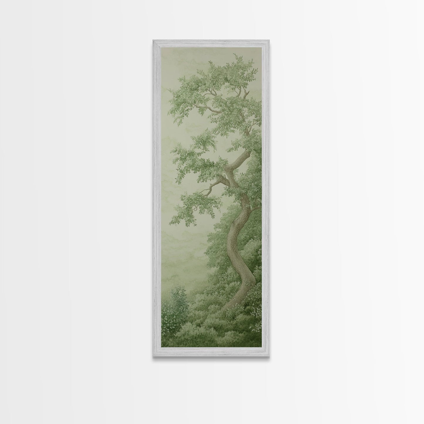 Misty Green Botanical Scene - Framed Canvas Print Showcasing Wabi Sabi Art Style with Tranquil Tree Landscape