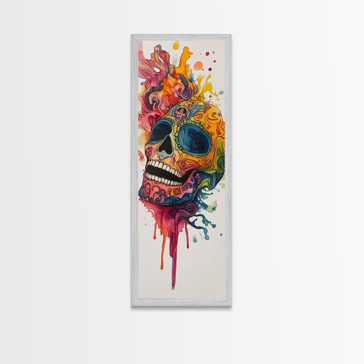 Sugar Skull Painting Print, Mexicano Wall Art, Framed Canvas, Tall Narrow Art, Skinny Accent Piece, Skull Painting, Skull Art, Chicano Art