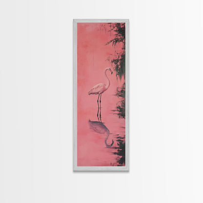 Reflections of a Pink Flamingo, Framed Canvas Print, Vaporwave Wall Art, Coastal Decor, Living Room Accent Piece, Pink Flamingo Art