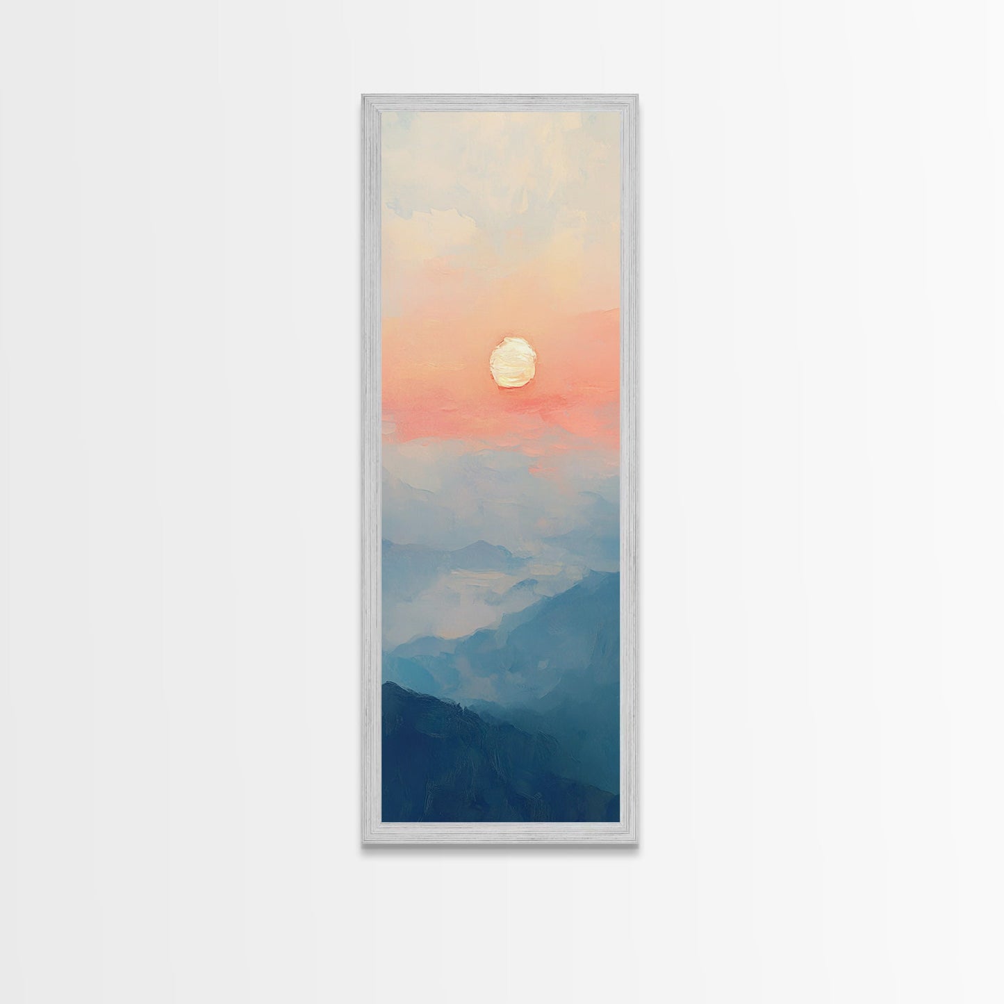 Wabi Sabi Sunset Oil Painting Print, Framed Canvas, Coastal Decor, Sunrise Over The Mountains, Boho Style Wall Art, Tall Narrow Wall Art
