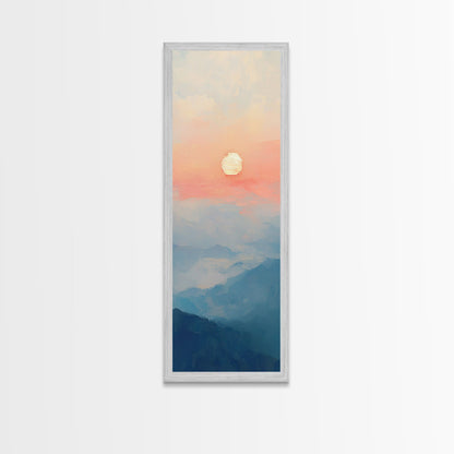 Wabi Sabi Sunset Oil Painting Print, Framed Canvas, Coastal Decor, Sunrise Over The Mountains, Boho Style Wall Art, Tall Narrow Wall Art