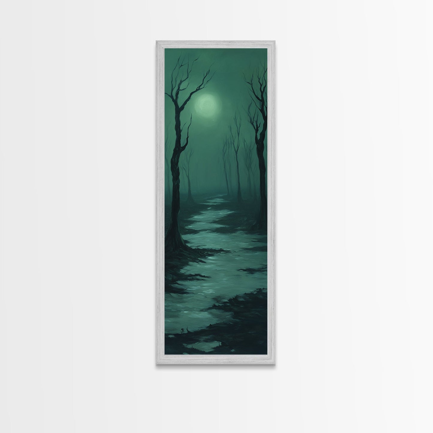 Framed Canvas Print of Forest at Dusk Painting in Teal, Moody Art, Dark Romance Painting, Above Bed Wall Art, Tall Narrow Art, Unique Gift Idea