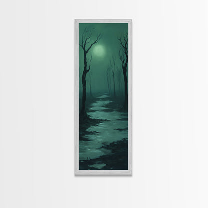 Framed Canvas Print of Forest at Dusk Painting in Teal, Moody Art, Dark Romance Painting, Above Bed Wall Art, Tall Narrow Art, Unique Gift Idea