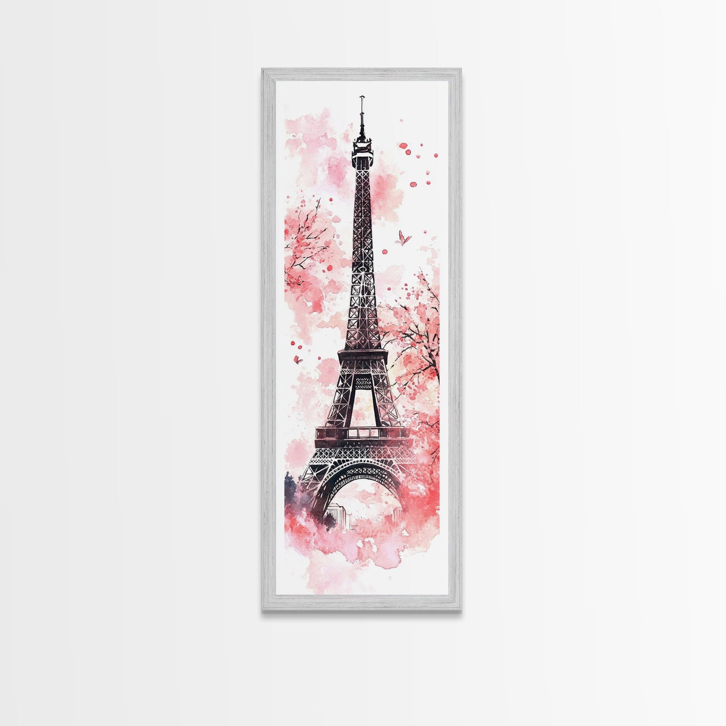 Eiffel Tower Wall Art Framed Canvas Print, Cherry Blossom Painting Vertical Paris Decor, Pink Dorm Art, French Travel-Inspired Gift