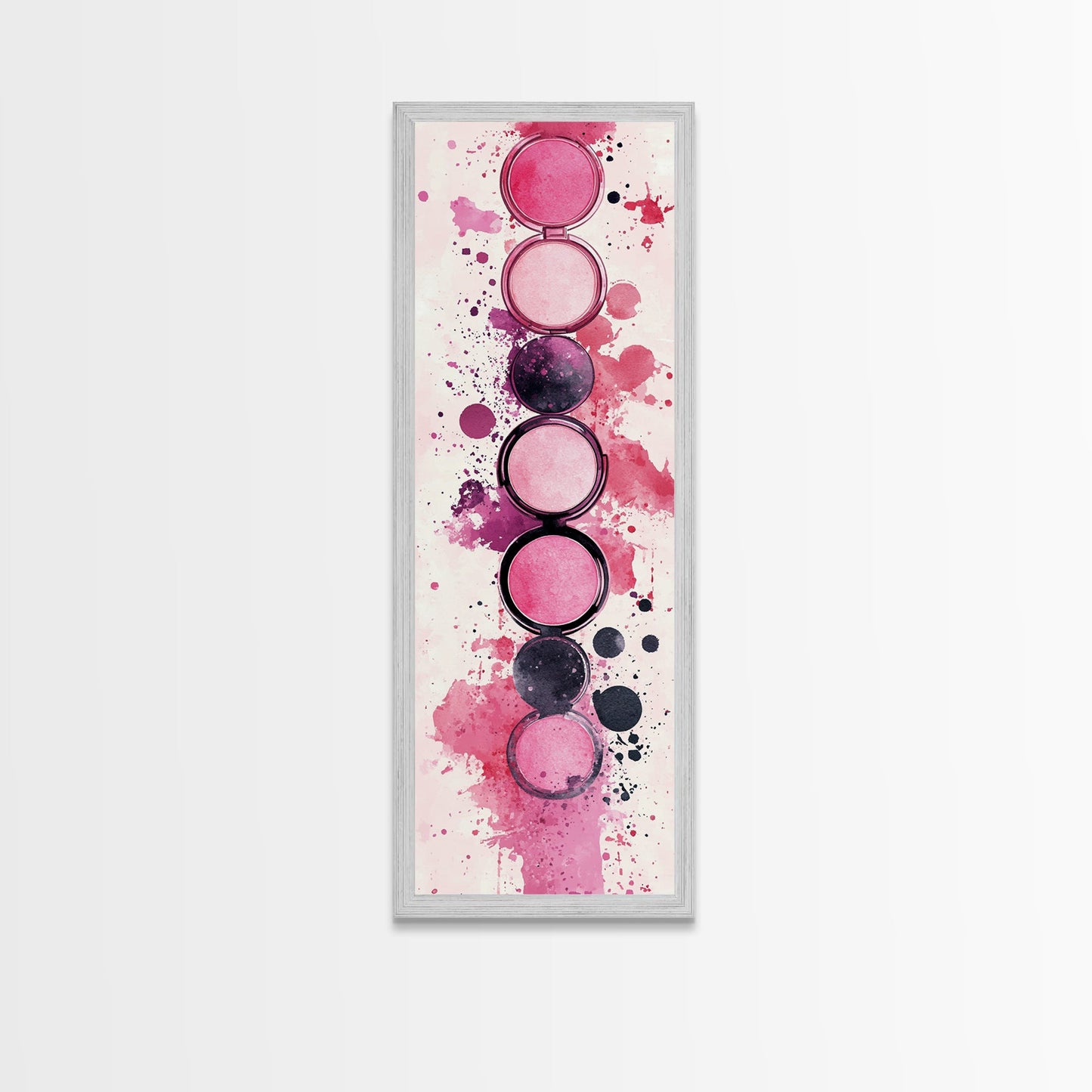 Makeup Palette Canvas Print, modern pink abstract art with splatter design, bold vertical wall art, unique wabi sabi minimalist print.