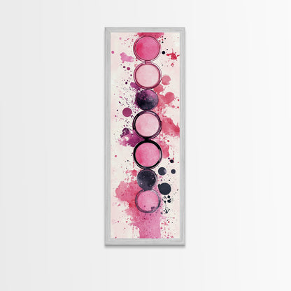 Makeup Palette Canvas Print, modern pink abstract art with splatter design, bold vertical wall art, unique wabi sabi minimalist print.