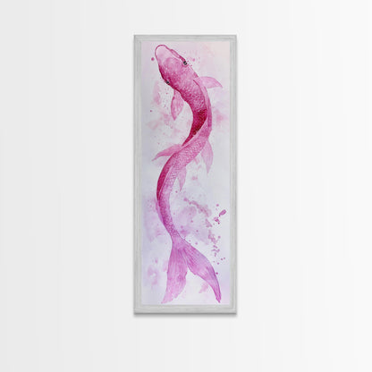 Koi Fish Canvas Print - Pink Whimsical Art, Minimalist Japanese Fish Painting, Skinny Wall Art, Peaceful Above Sofa Artwork