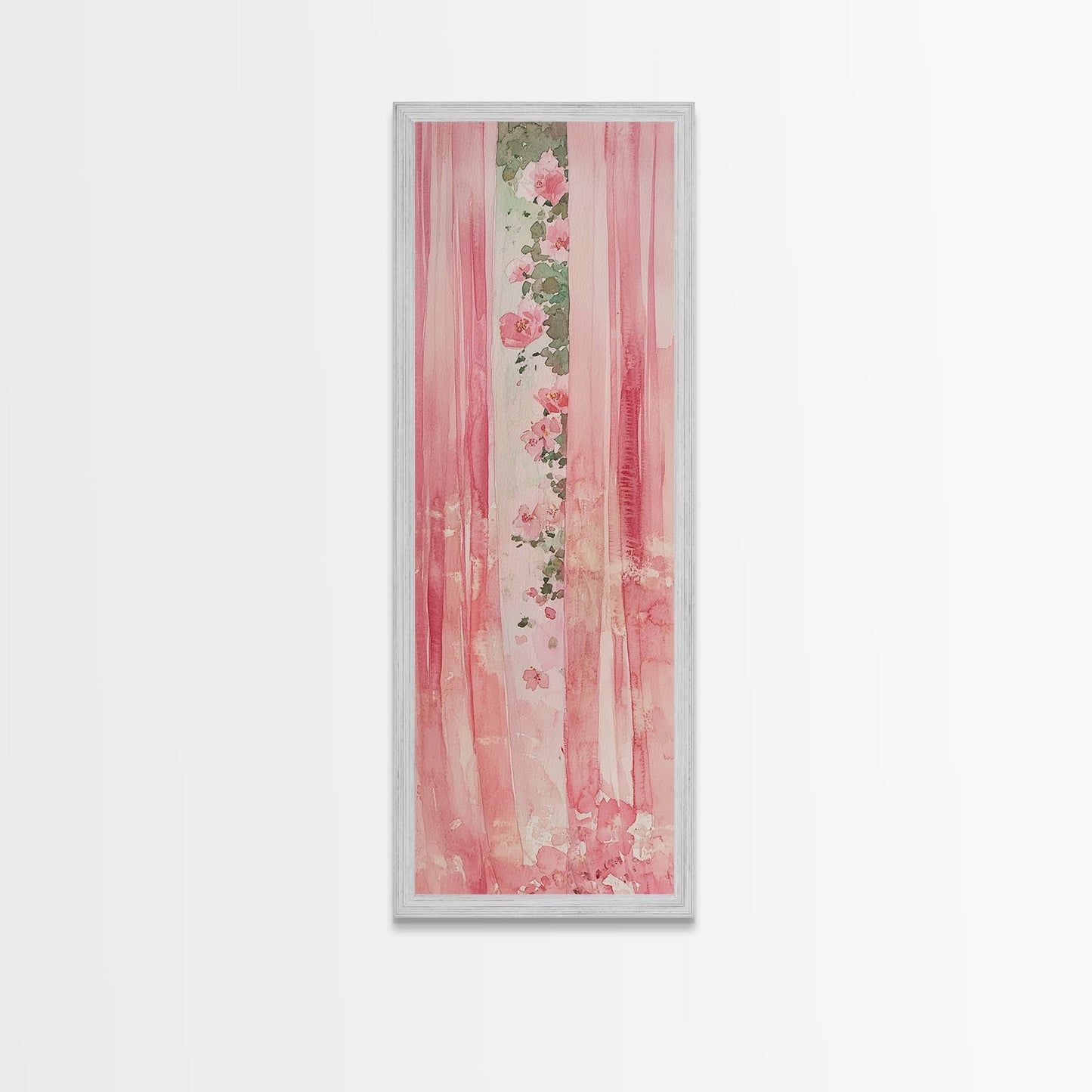 Pink Floral Curtains Framed Canvas Print Whimsical Art Light Pink Wall Art Vertical Wall Art Minimalist Art Rustic Decor Gift