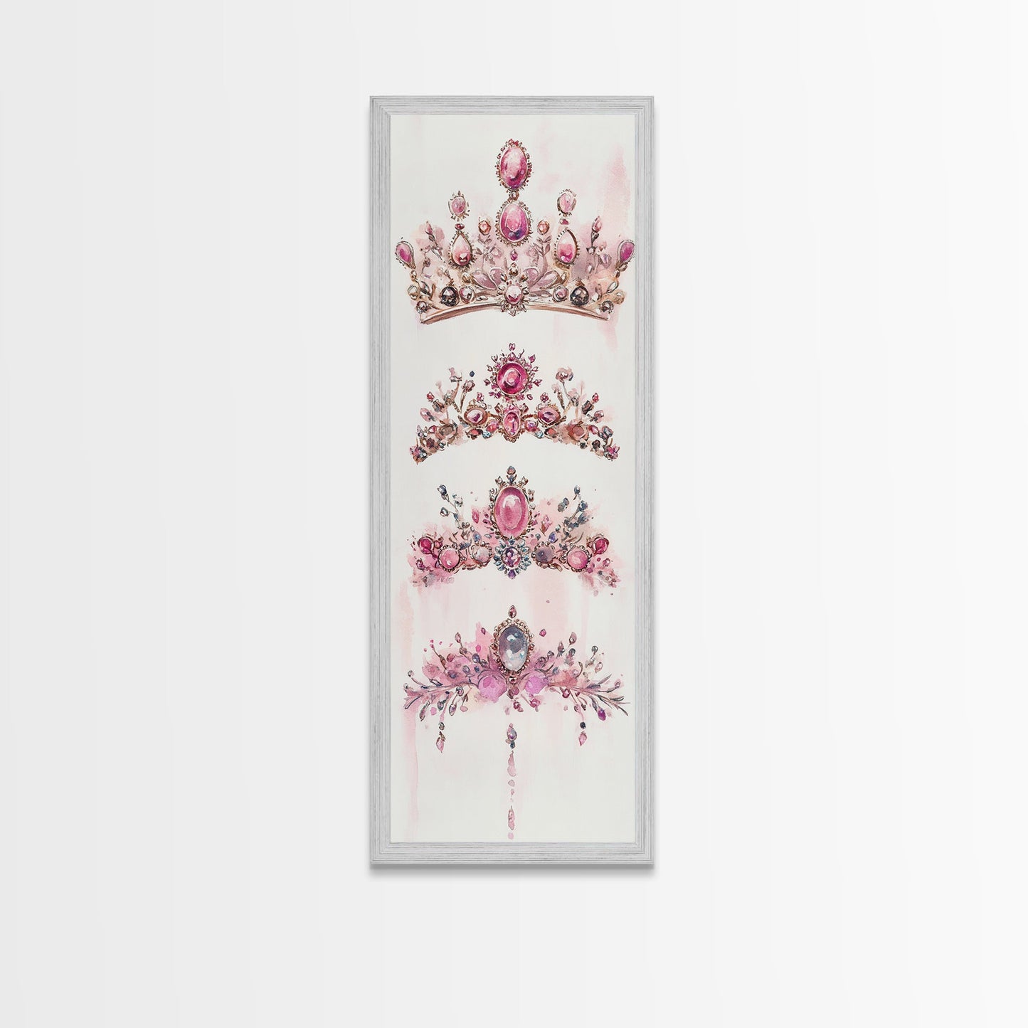 Royal Pink Tiara Framed Canvas Print Princess Gemstone Painting Feminine Wabi Sabi Art Vertical Wall Art Elegant Home Decor