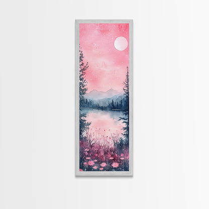 Moonlit Pink Forest Canvas Print, Moody Mountain Landscape Painting, Wildflower Rustic Vertical Wall Art, Cozy Living Room Decor