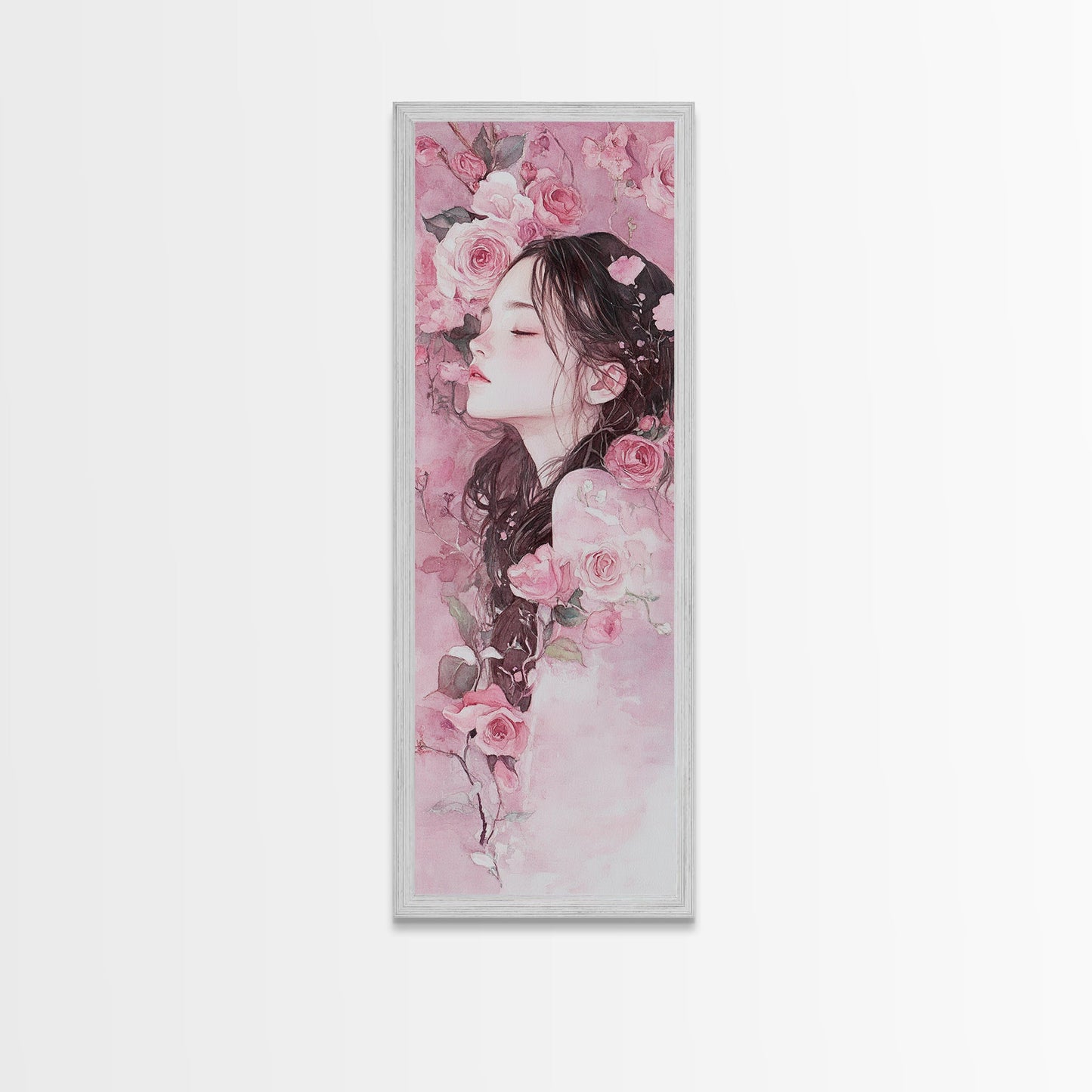 Romantic Rose Girl Painting Framed Canvas Print Pink Wall Art Bedroom Decor Feminine Rose Painting Above Bed Artwork Gift Idea