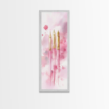 Pink Fountain Pens Canvas Print Whimsical Art Writer’s Gift Minimalist Art Living Room Decor Unique Office Wall Art Illustration
