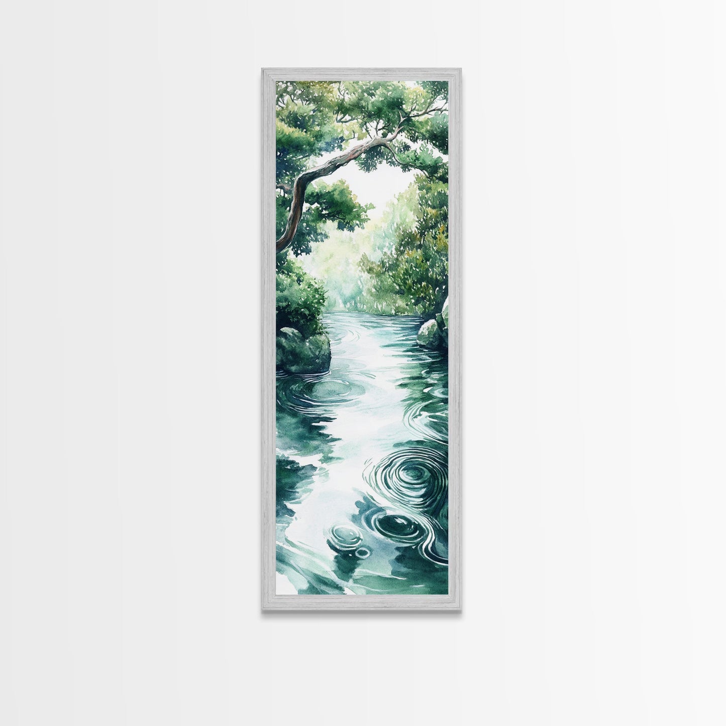Serene Forest Stream Framed Canvas Print Coastal Landscape Art Green Wall Art Rustic Decor Vertical Art Guest Room Wall Decor