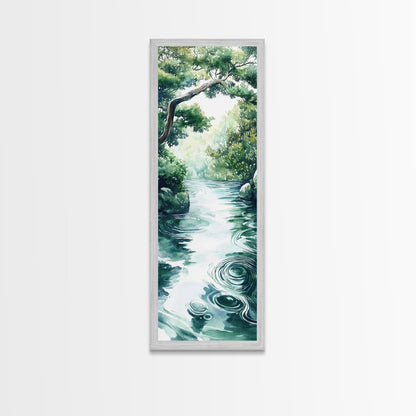Serene Forest Stream Framed Canvas Print Coastal Landscape Art Green Wall Art Rustic Decor Vertical Art Guest Room Wall Decor