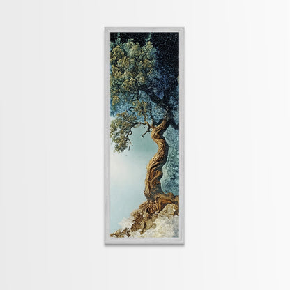 Detailed Oak Tree Framed Canvas Print in Textured Earth Tones, Tall Narrow Wall Art for Living Room or Bedroom Rustic Decor