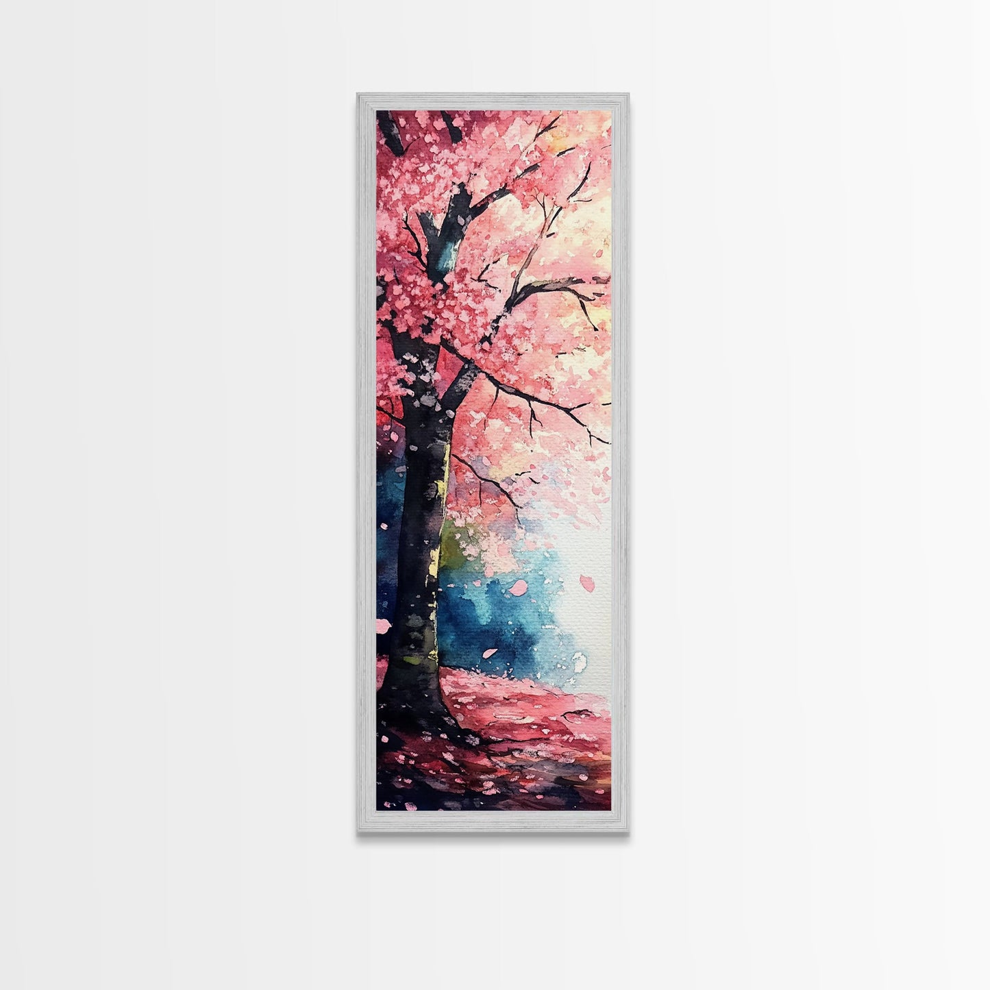 Cherry Blossom Tree Framed Canvas Print, Moody Pink Wall Art, Japanese Botanical Artwork, Vertical Minimalist Decor, Gift Idea