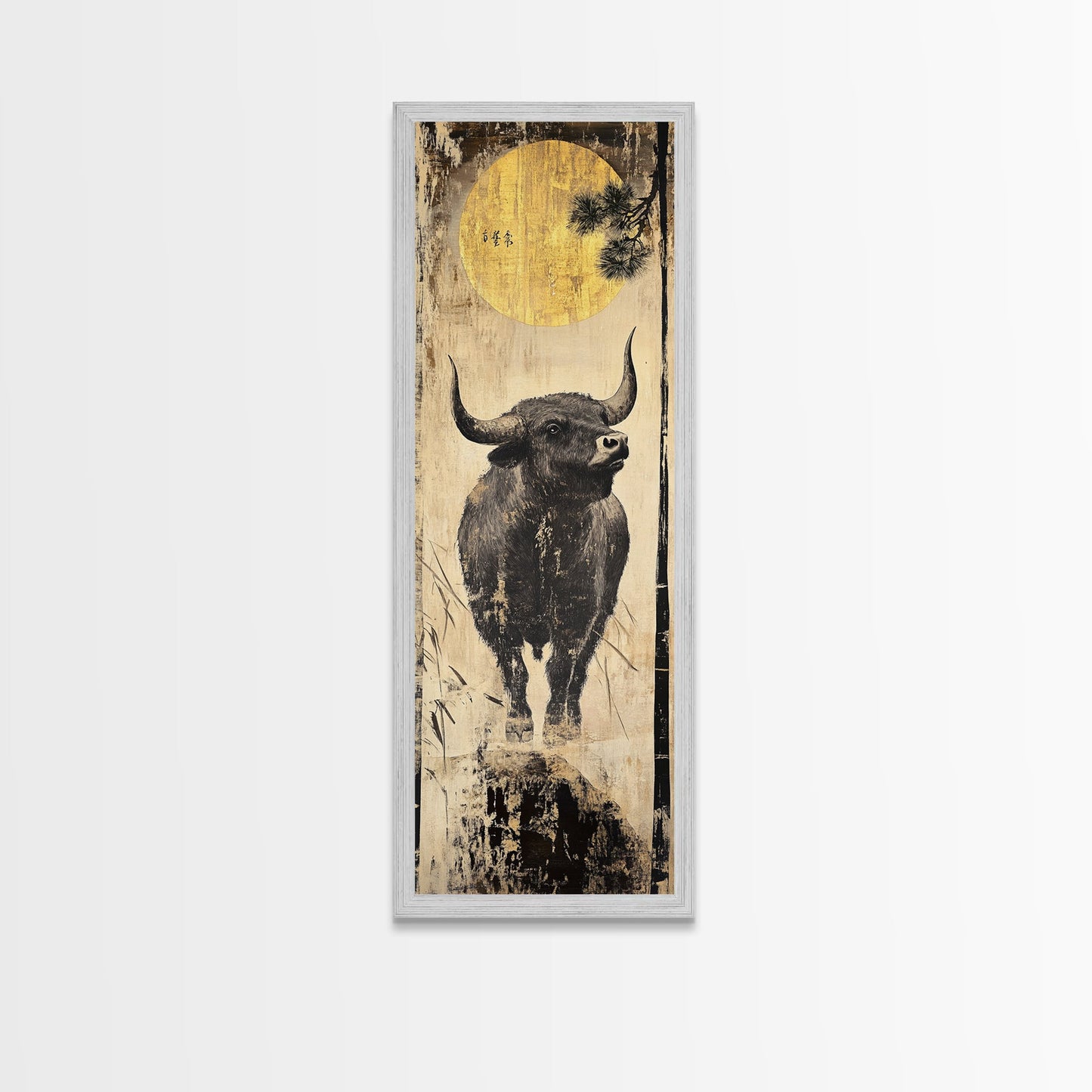 Modern Bull Artwork Framed Canvas Print, Rustic Animal Wall Art, Farmhouse Decor, Vertical Skinny Art, Pine Tree Moonlight Scene