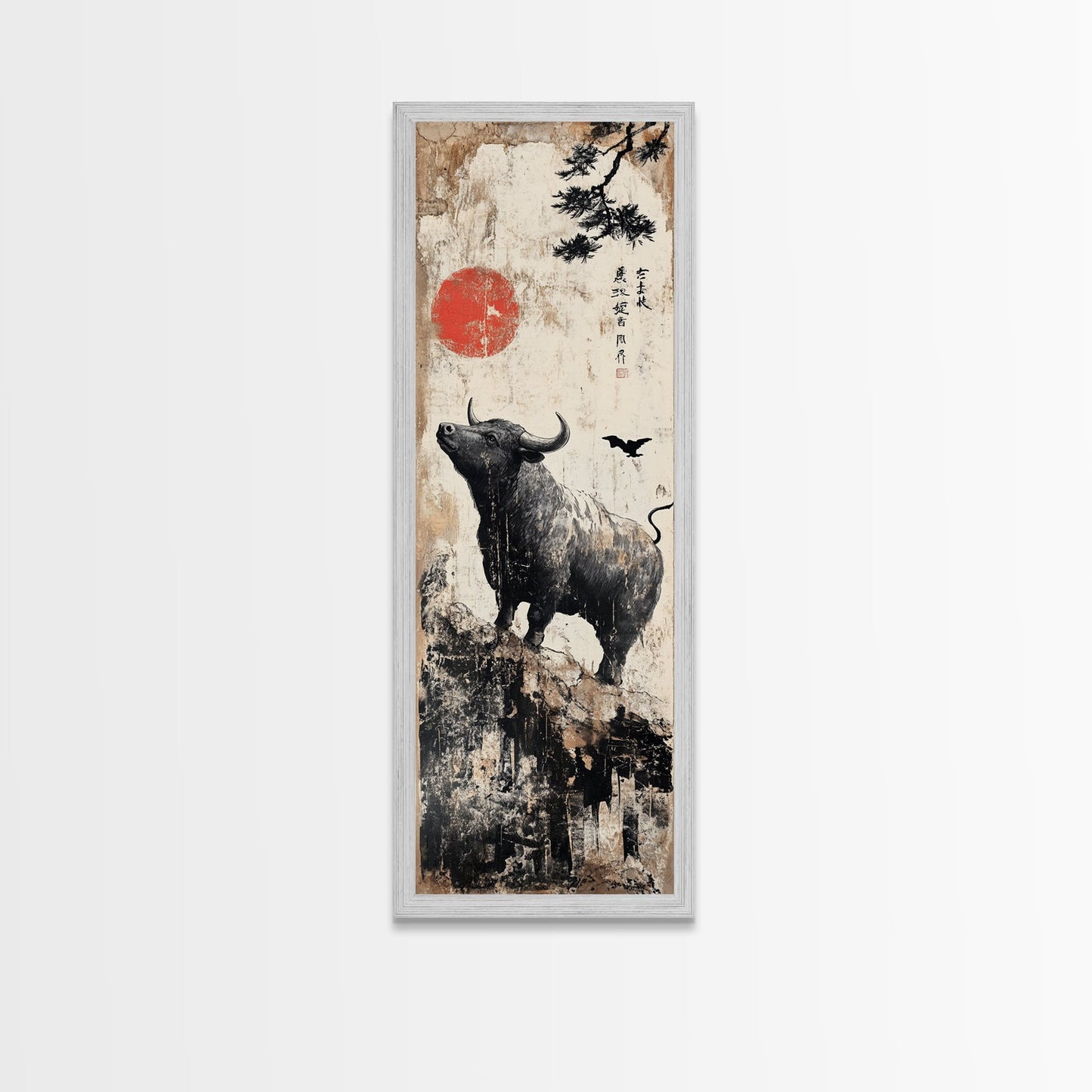 Rustic Buffalo Art Canvas Print, Wabi Sabi Minimalist Decor, Red Sun Vertical Art, Farmhouse Living Room Rustic Wall Artwork
