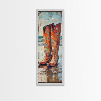 Rustic Cowboy Boots Canvas Print, Coastal Cowgirl Wall Art, Farmhouse Rustic Decor, Western Style Vertical Skinny Artwork