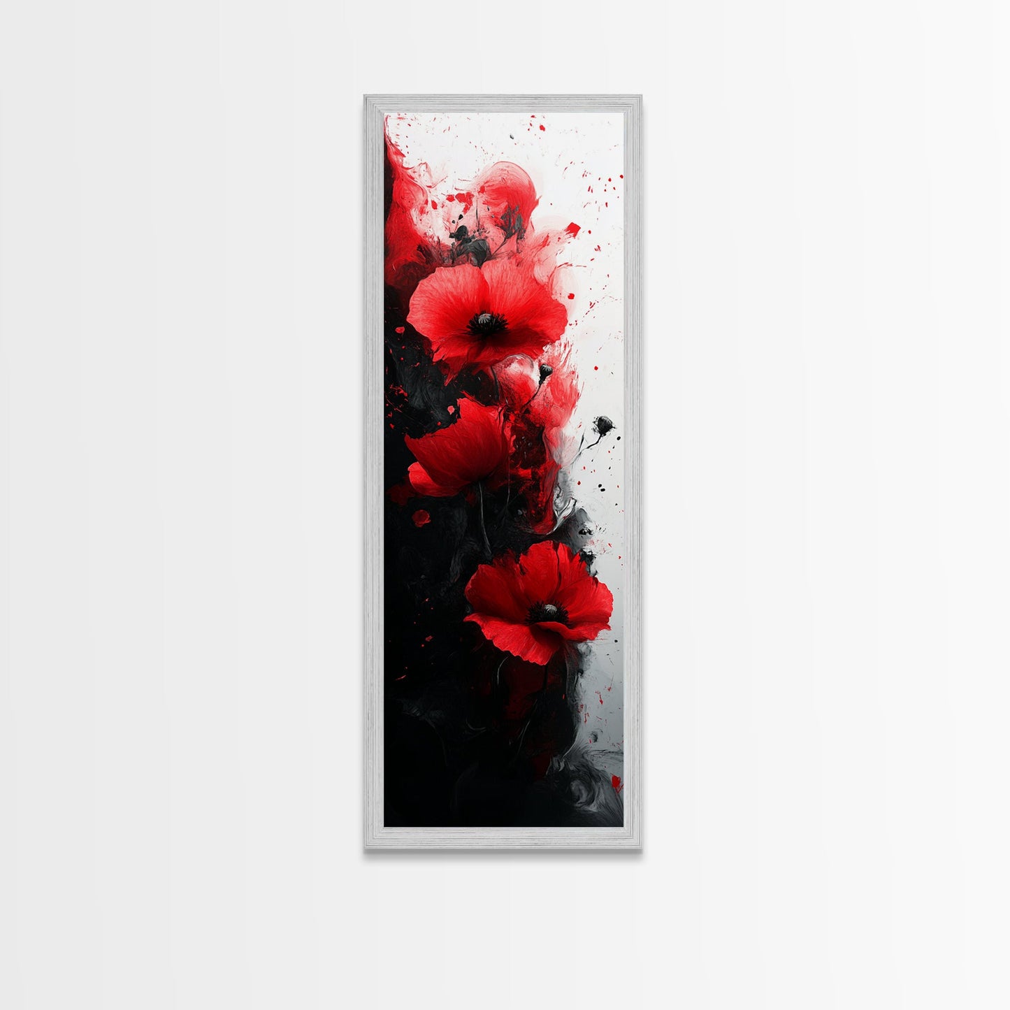 Dramatic Poppy Art Black and White Red Wall Art Framed Canvas Print California Poppy Art Rustic Home Decor Tall Skinny Art