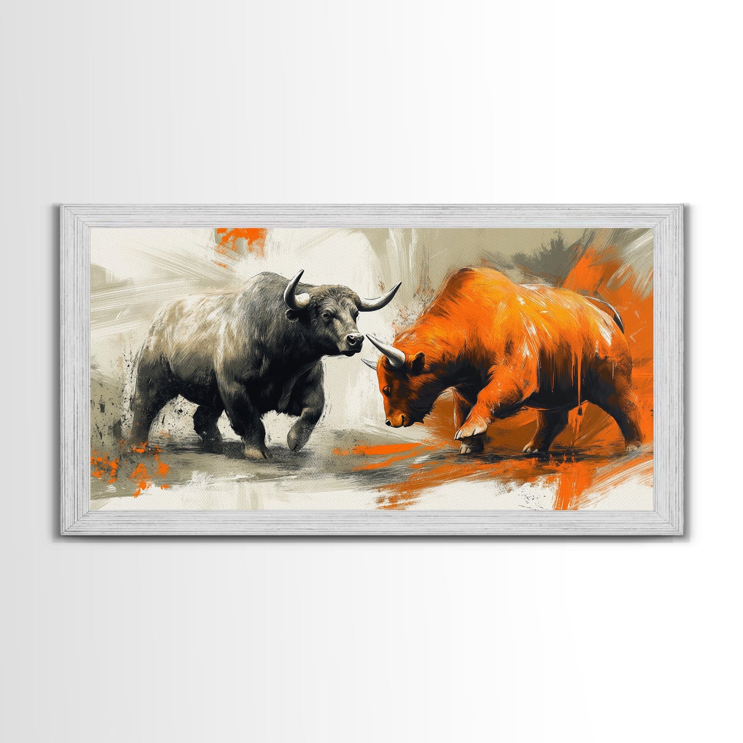 Moderner Leinwanddruck mit Stier und Bär, gerahmt, Geschenkidee, Kunst für den Finanzmarkt, Wanddekoration, rustikale Kunst über dem Sofa