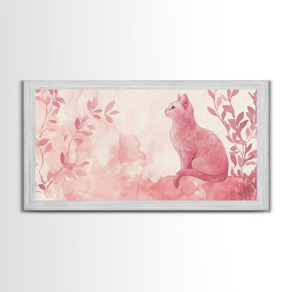 Whimsical Pink Cat Canvas Print Featuring Pink Wall Art Minimalist Art Botanical Prints Light Pink Wall Art Farmhouse Rustic Decor