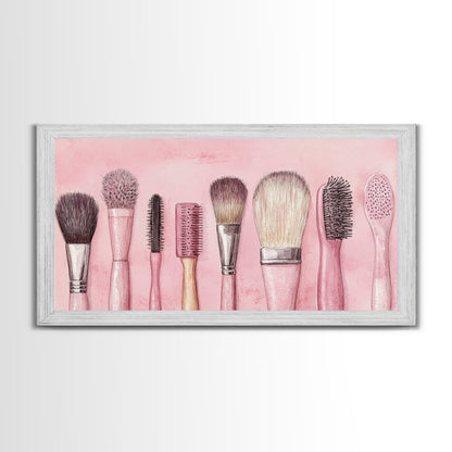 Makeup Brush Art Framed Canvas Print, Light Pink Chinoiserie Wall Art Whimsical Decor, Minimalist Art Rustic Wall Gift Idea