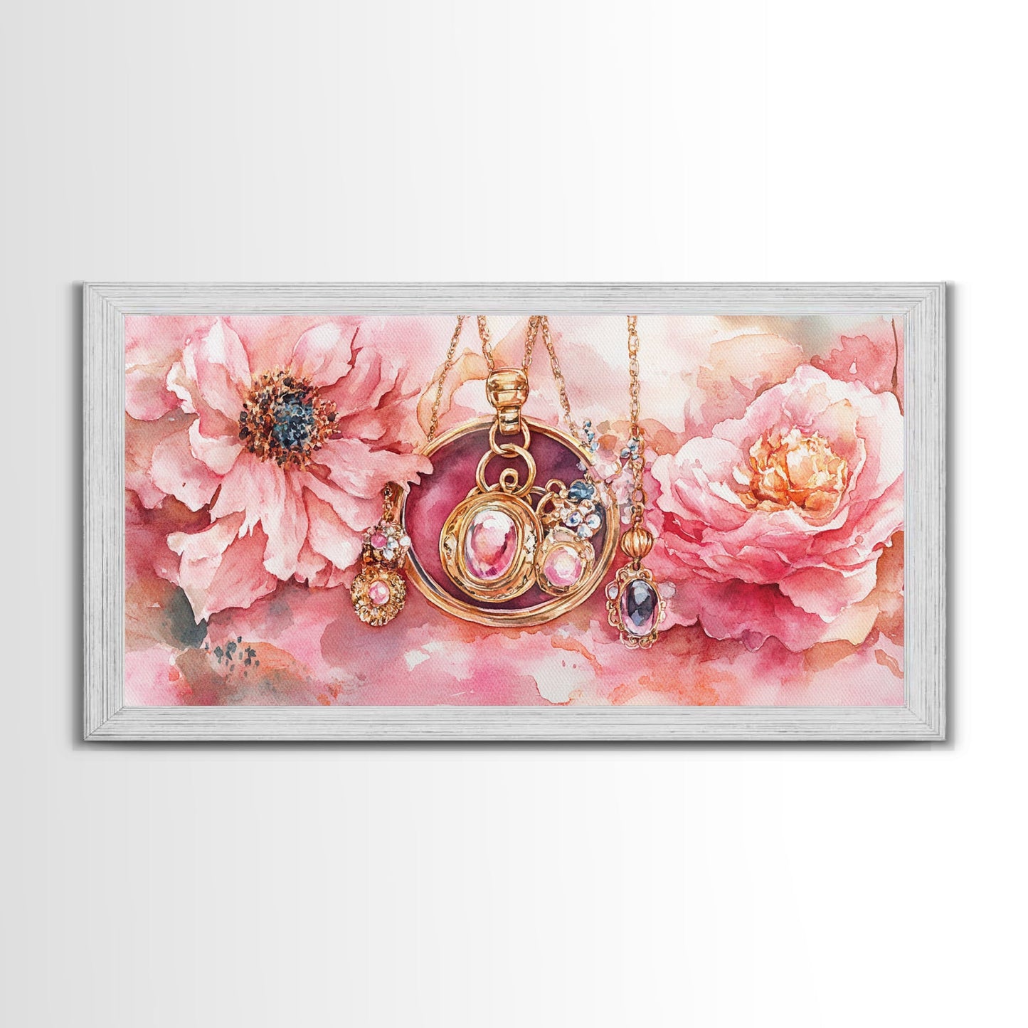 Leinwanddruck mit rosafarbenem Edelsteinschmuck, feminin-elegantes Kunstwerk, glamouröses Rosenbild, Wanddekoration fürs Wohnzimmer, einzigartiges Deko-Geschenk