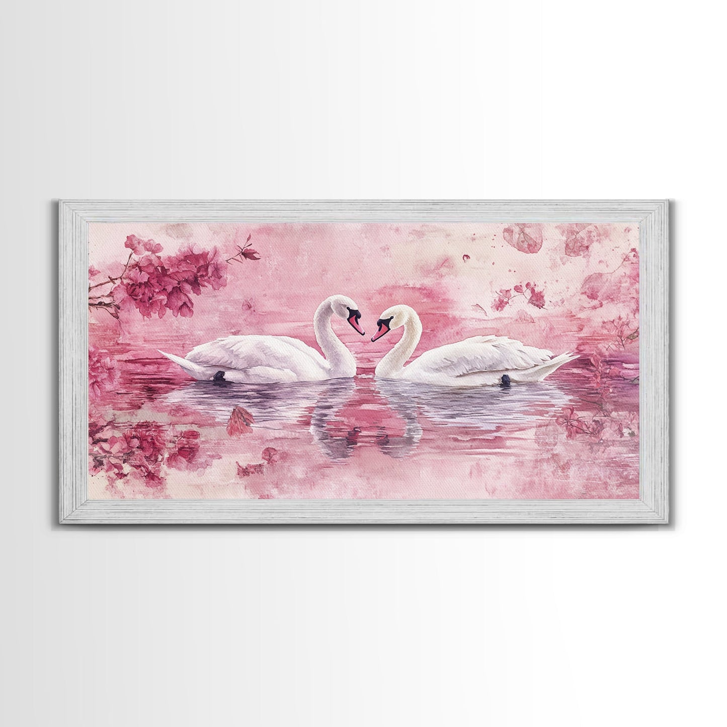 Swan Reflection Watercolor Framed Canvas Print, Romantic Wildlife Art, Cherry Blossom Wall Art, Rustic Farmhouse Decor, Bedroom Art