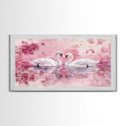 Swan Reflection Watercolor Framed Canvas Print, Romantic Wildlife Art, Cherry Blossom Wall Art, Rustic Farmhouse Decor, Bedroom Art