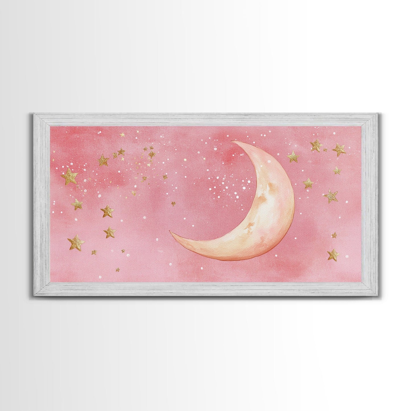 Golden Crescent Moon Canvas Print, Light Pink Wall Art, Whimsical Celestial Art, Bedroom or Dorm Decor, Christmas Gift Idea